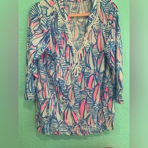 Lilly Pulitzer Pink Blue Printed V-Neck Kaia tunic L boats coastal preppy